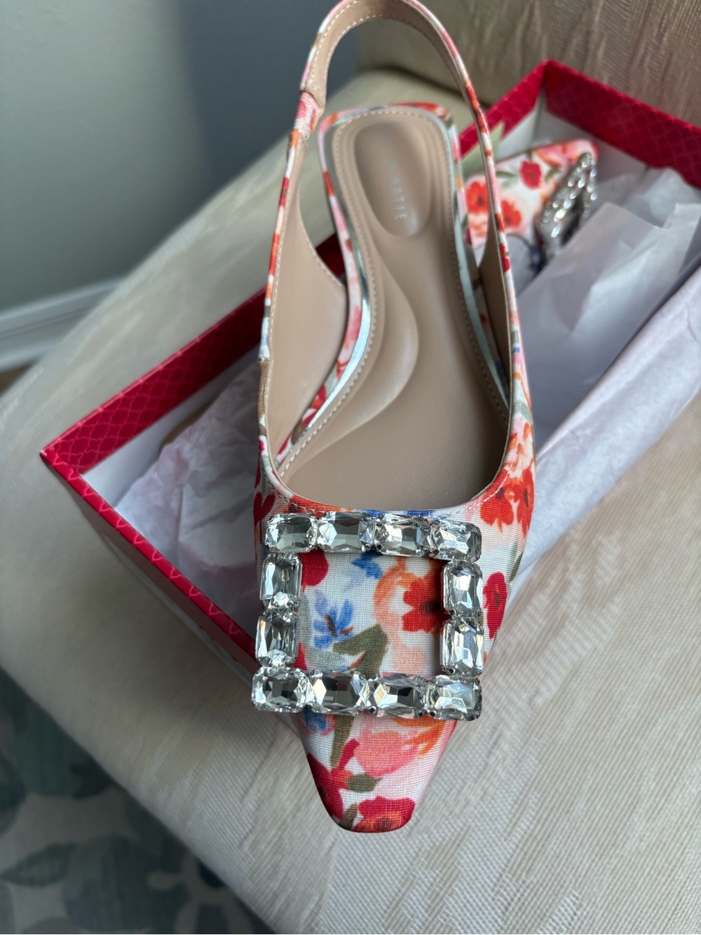 Kelly & Katie Floral Slingback Flat in Cream with Pink & Orange Flowers